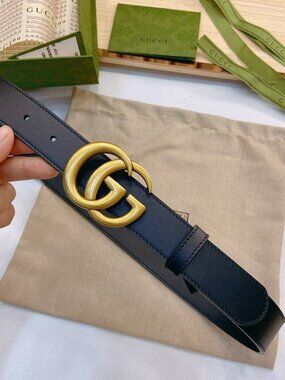 Gucci Black Leather Belt with Gold Double G Buckle